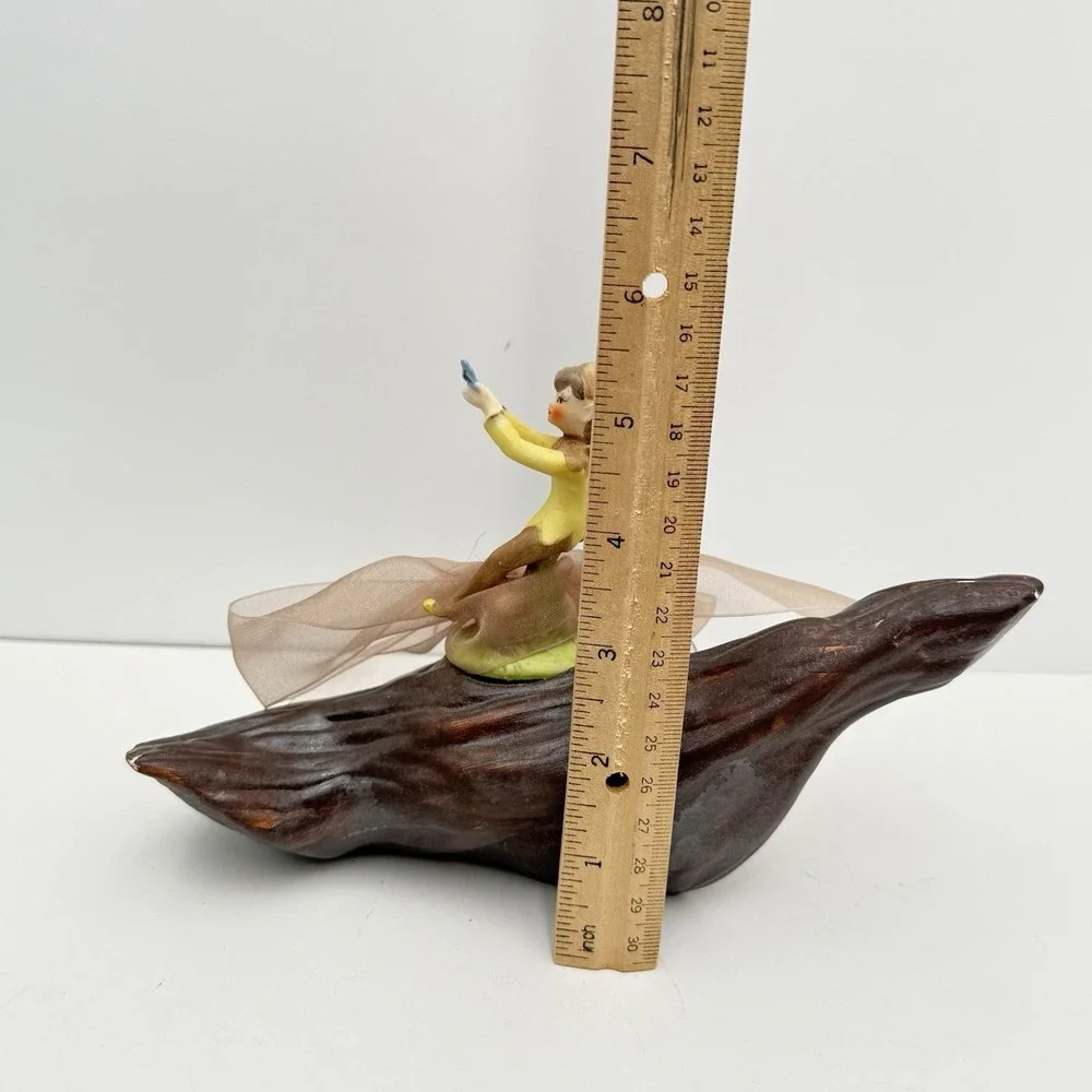Vtg 50s Ceramic Girl Garden Pixie Elf On Log w/ Butterfly Kitschy Mid Century